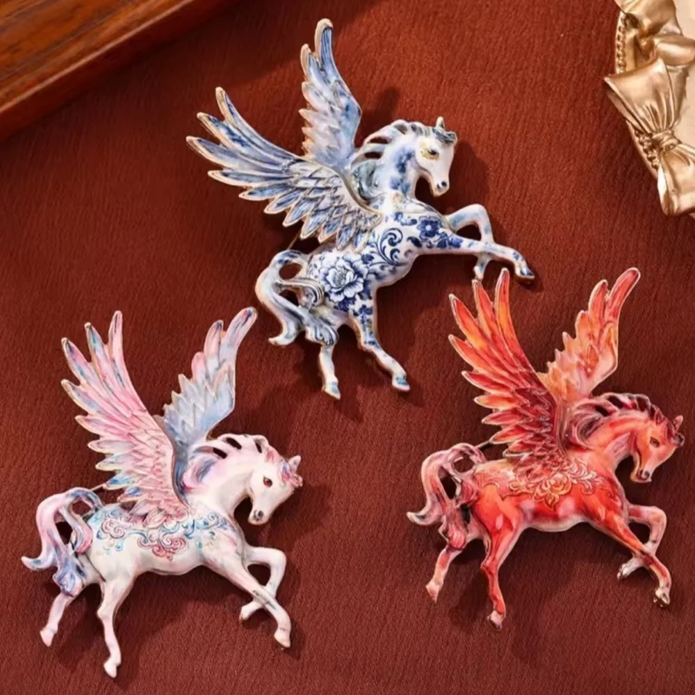 Porcelain Pegasus Blue White Brooch - Picture 3 of 5